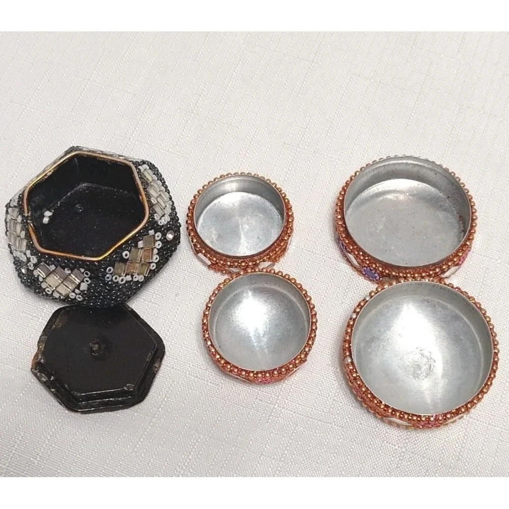 Hand Made Mosaic Beaded Bejeweled Tin And Wood Jewelry Trinket Boxes Lot Of 3
